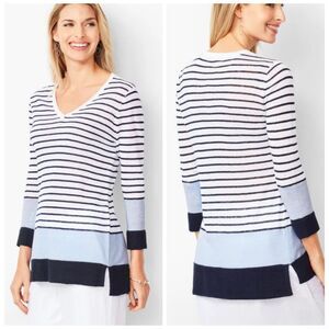TALBOTS Women's MEDIUM Sweater White Blue Linen Tunic Beach Coastal Nautical